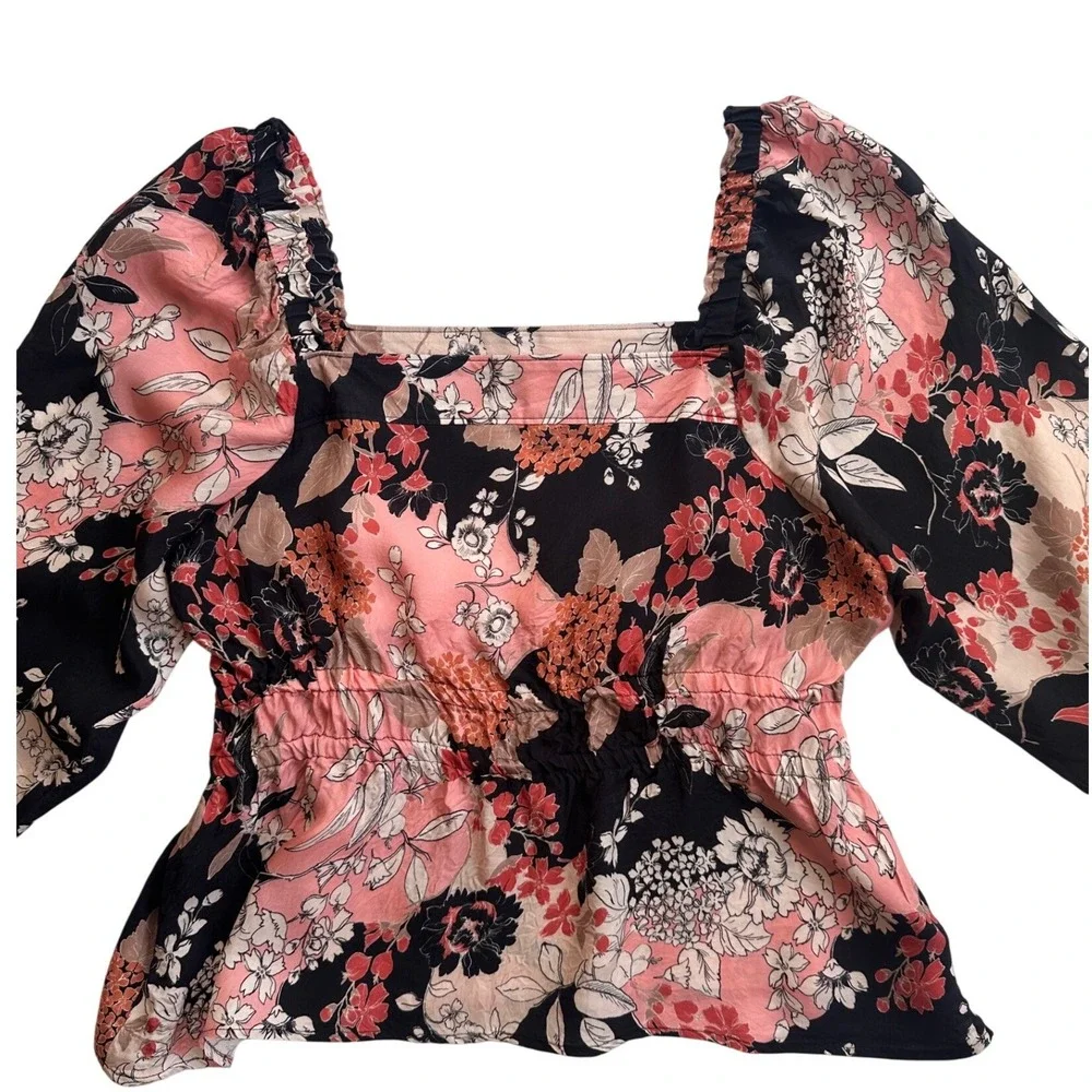 Spartina 449 Floral Cupro Peplum Blouse Wmns Large Black Pink Excellent Long Slv